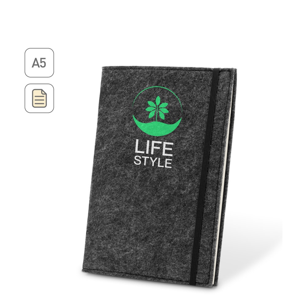 BALDWIN. Block notes A5 con copertina in feltro riciclato (100% rPET) e pagine a righe in carta riciclata al 100%