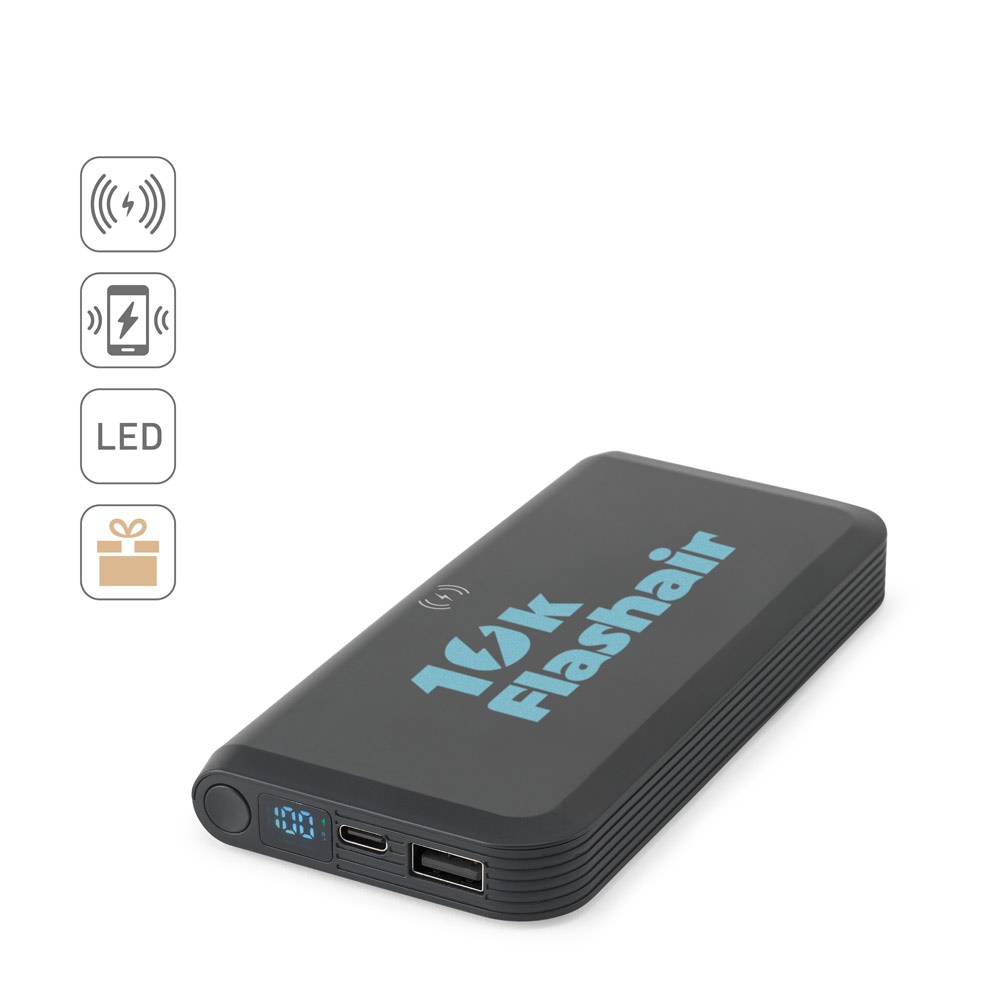 BECKER 10. Power bank da 10'000 mAh in ABS riciclato (100% rABS) con caricatore wireless superveloce da 15W