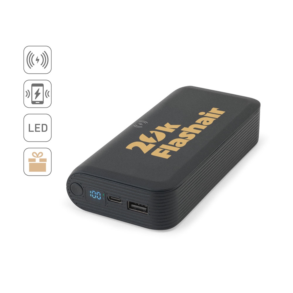 BECKER 20. Power bank da 20'000 mAh in ABS riciclato (100% rABS) con caricatore wireless superveloce da 15W