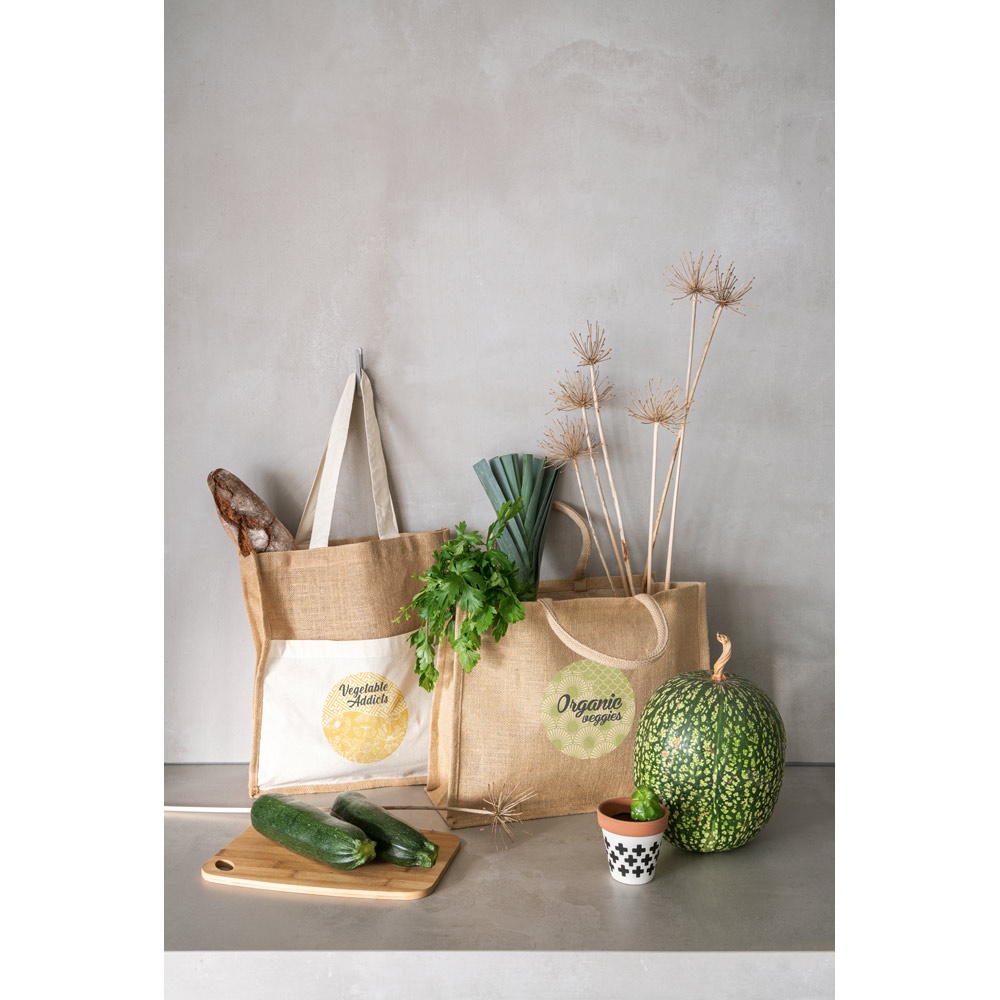 BRAGA. Borsa in juta (240 g/m²) con tasca in 100% cotone (140 g/m²)