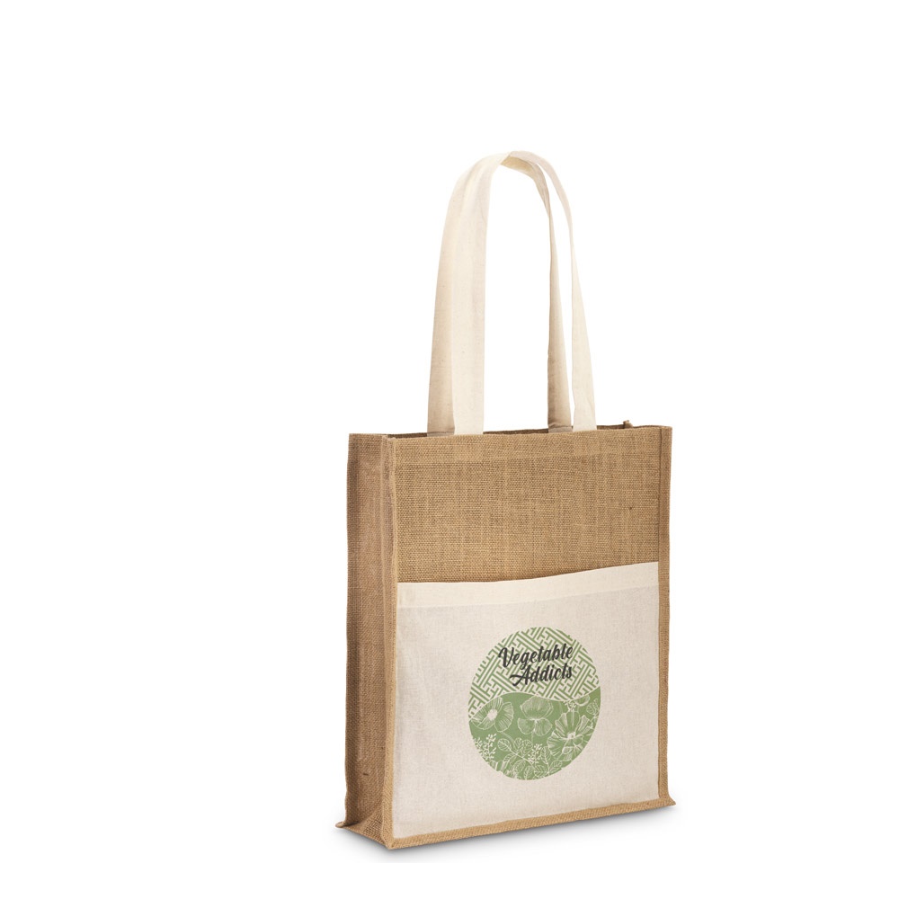 BRAGA. Borsa in juta (240 g/m²) con tasca in 100% cotone (140 g/m²)