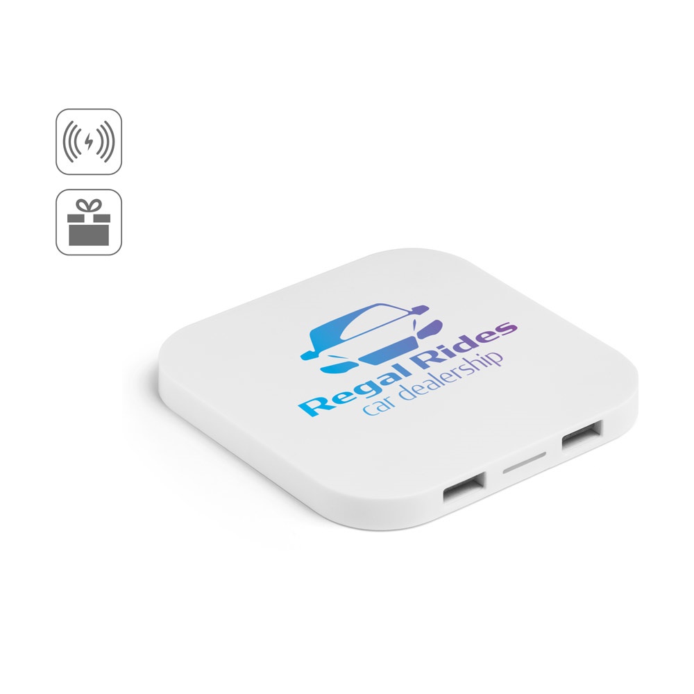 CAROLINE. Caricatore wireless superveloce da 15 W con HUB 2 porte USB-A in ABS riciclato (60% rABS)