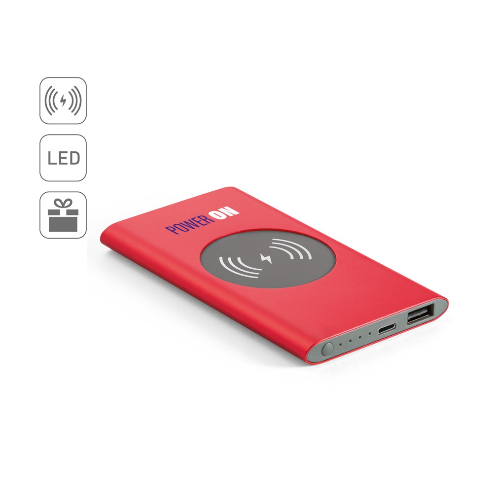 CASSINI. Power bank da 4'000 mAh con caricatore wireless da 5W in alluminio riciclato (100% rAL)