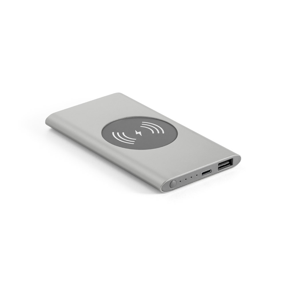 CASSINI. Power bank da 4'000 mAh con caricatore wireless da 5W in alluminio riciclato (100% rAL)