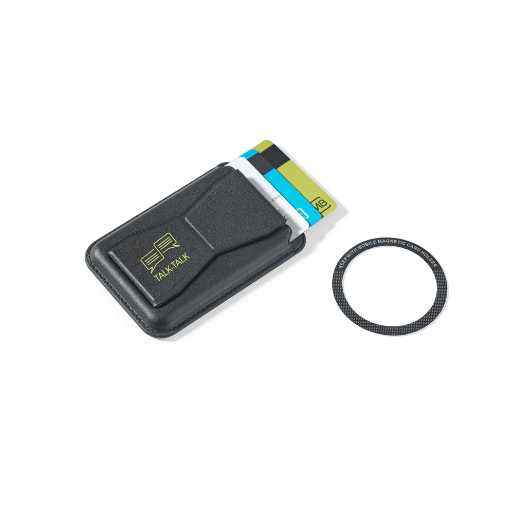CONNOR. Porta tessere magnetico in similpelle, si fissa facilmente sul retro del cellulare e offre protezione RFID