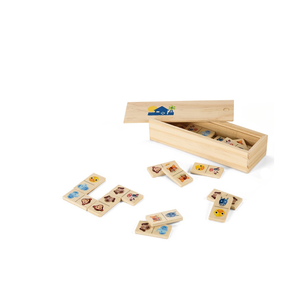 DOMIN. Gioco domino in legno per bambini. 28 pezzi con figure di animali