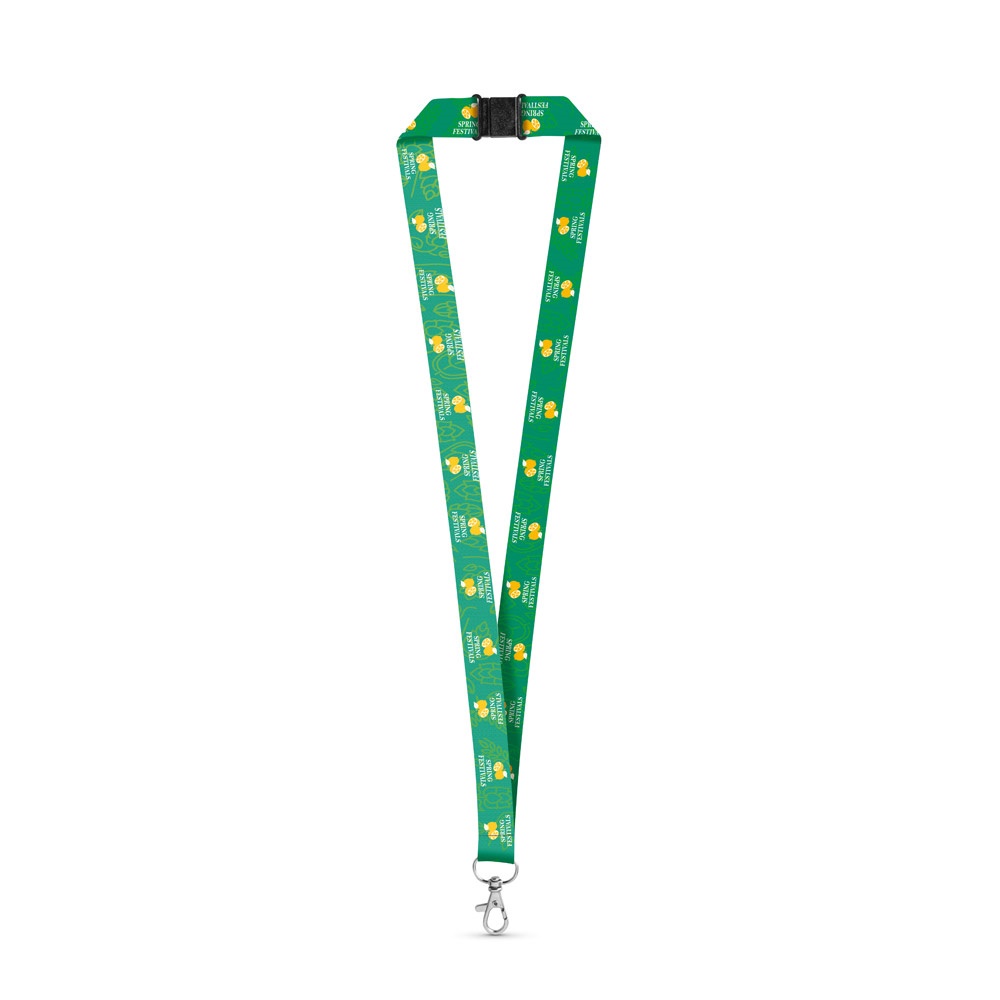 DOVER. SET Lanyard SUBLIMATION Long II (20 mm) in poliestere riciclato (100% rPET) con moschettone a leva da 20 mm e chiusura di sicurezza