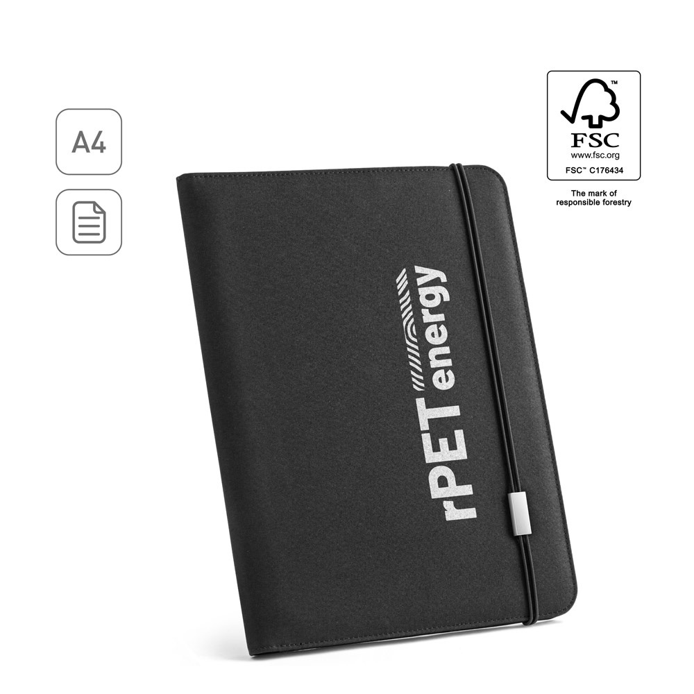 EMERGE FOLDER II. Cartella A4 in in poliestere riciclato (100% rPET) 300D con chiusura ad elastico
