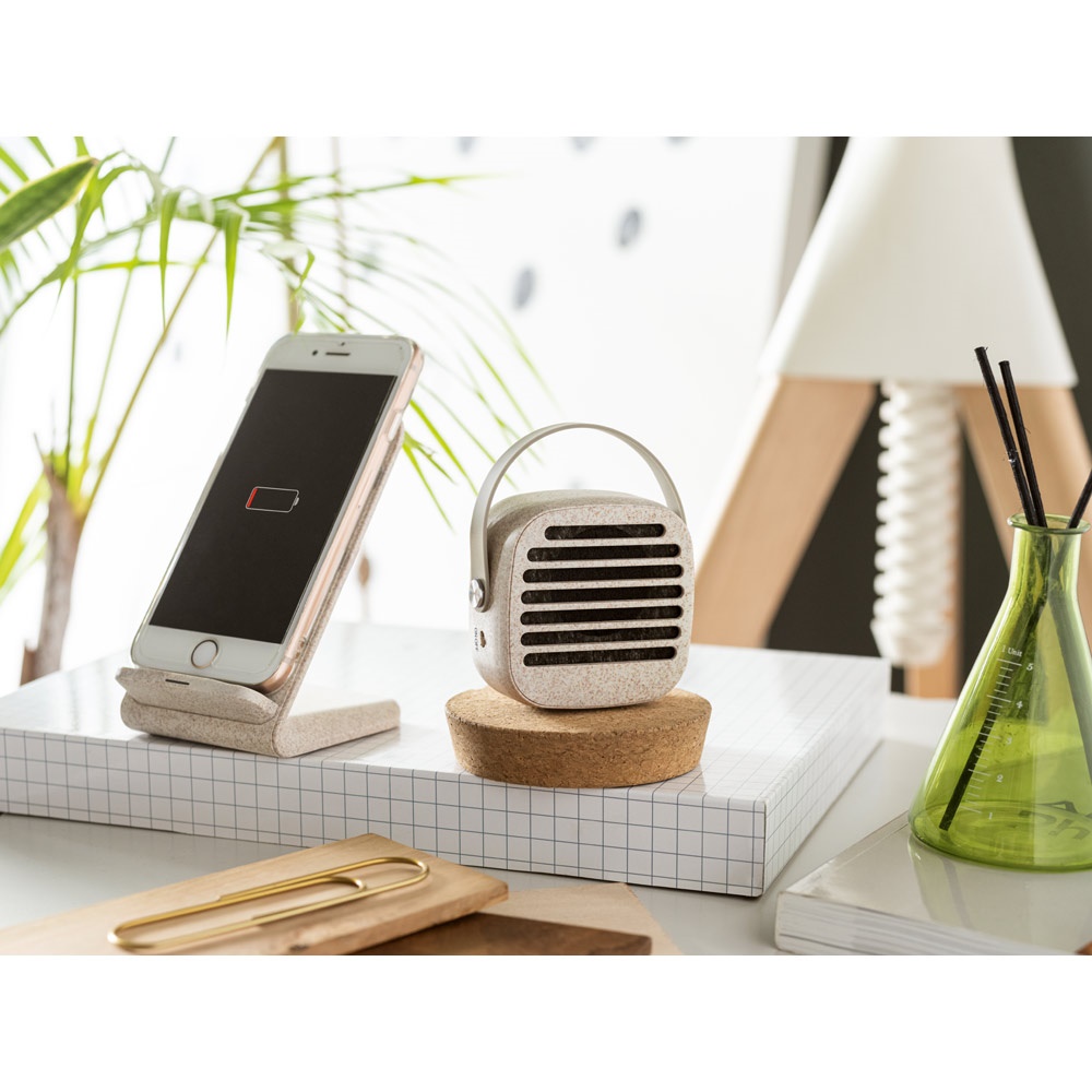 ENGLERT. Supporto per smartphone con caricatore wireless veloce da 10W in ABS riciclato (70% rABS) e fibra di paglia