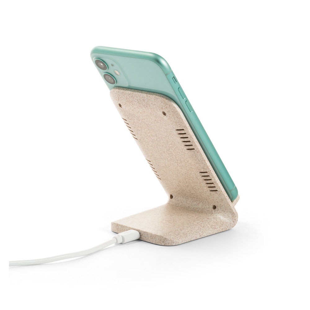 ENGLERT. Supporto per smartphone con caricatore wireless veloce da 10W in ABS riciclato (70% rABS) e fibra di paglia