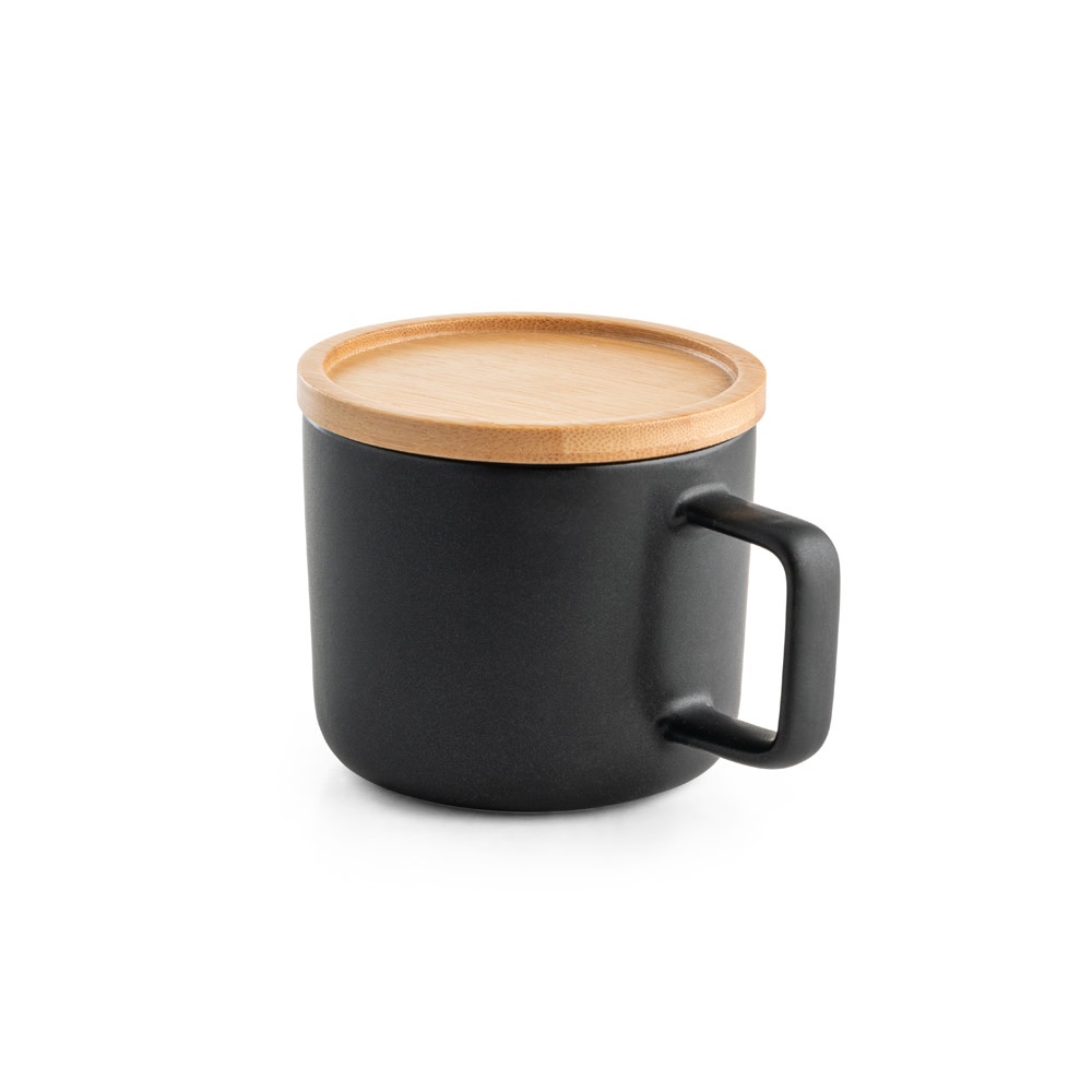 FANGIO. Tazza in ceramica da 220 mL con tappo e base in bambù