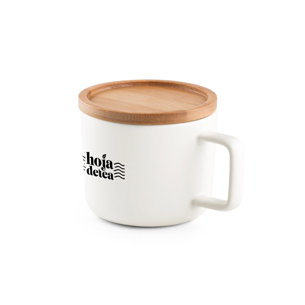 FANGIO. Tazza in ceramica da 220 mL con tappo e base in bambù