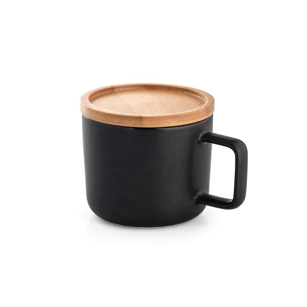 FANGIO. Tazza in ceramica da 220 mL con tappo e base in bambù