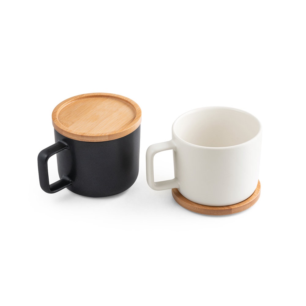 FANGIO. Tazza in ceramica da 220 mL con tappo e base in bambù