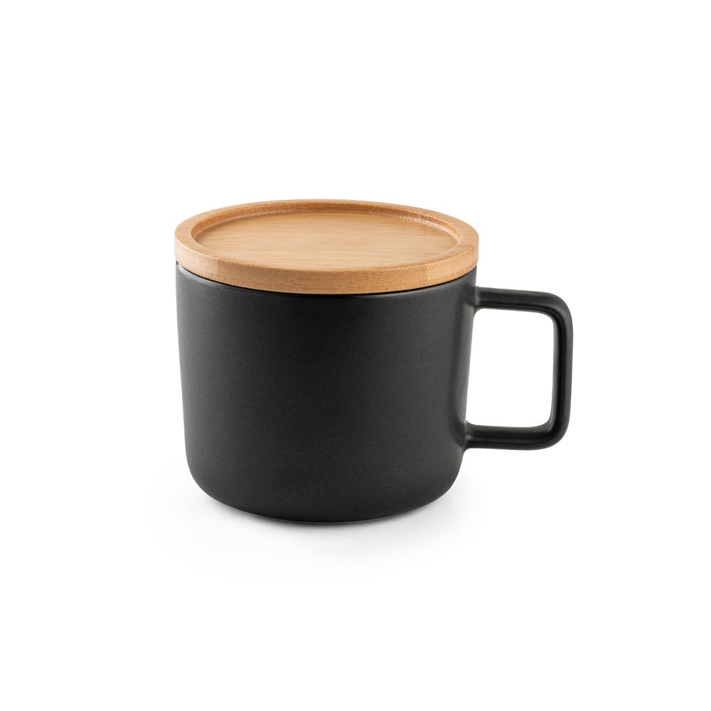 FANGIO. Tazza in ceramica da 220 mL con tappo e base in bambù