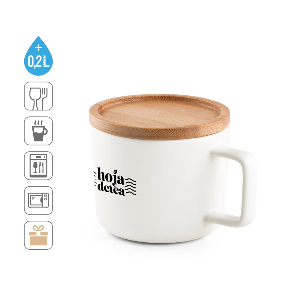 FANGIO. Tazza in ceramica da 220 mL con tappo e base in bambù