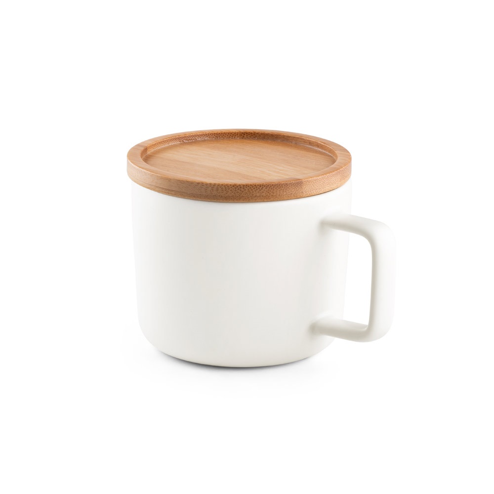 FANGIO. Tazza in ceramica da 220 mL con tappo e base in bambù