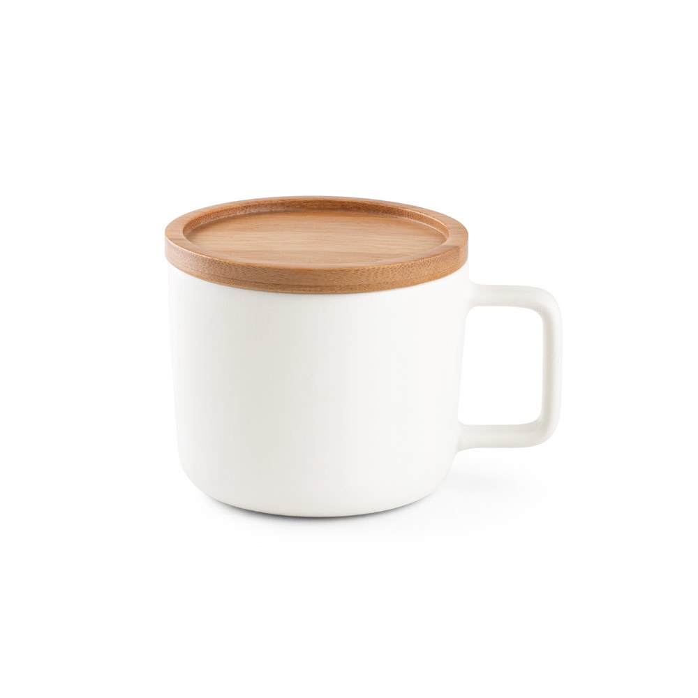 FANGIO. Tazza in ceramica da 220 mL con tappo e base in bambù