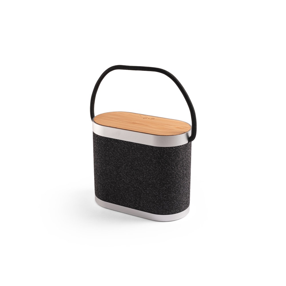 GUETTA. Altoparlante portatile da 5W con caricatore wireless superveloce da 15W e autonomia di 2 ore in bambù e PET riciclato (100% rPET)