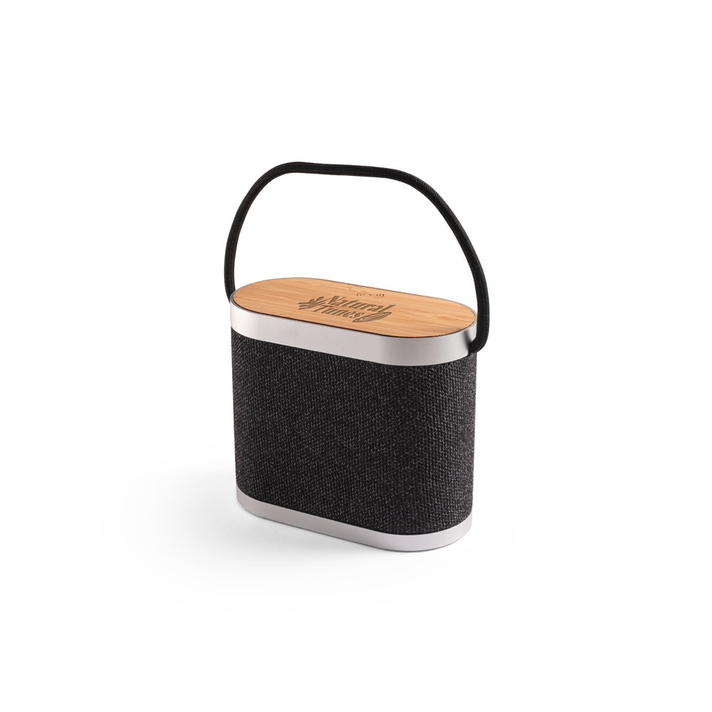 GUETTA. Altoparlante portatile da 5W con caricatore wireless superveloce da 15W e autonomia di 2 ore in bambù e PET riciclato (100% rPET)