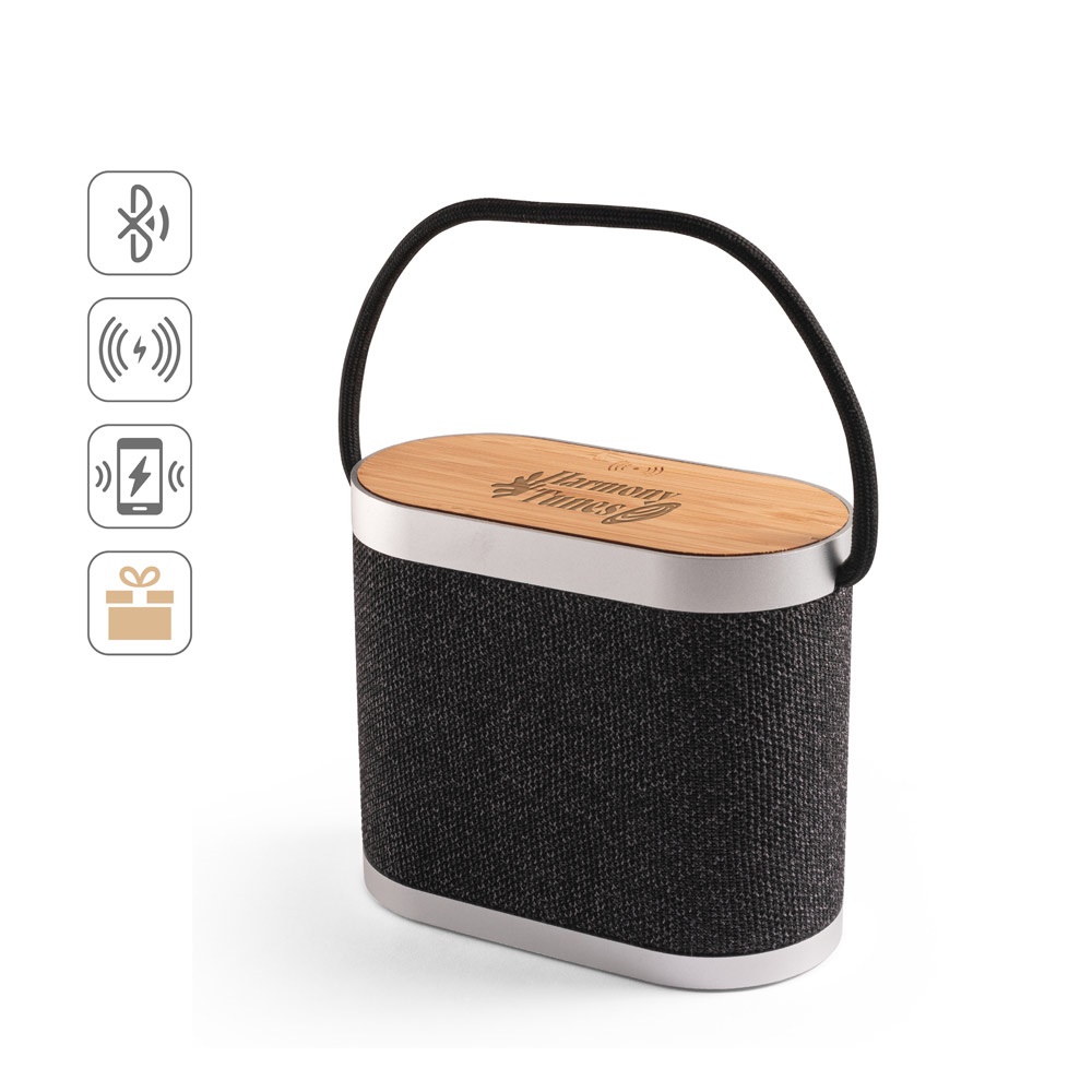 GUETTA. Altoparlante portatile da 5W con caricatore wireless superveloce da 15W e autonomia di 2 ore in bambù e PET riciclato (100% rPET)