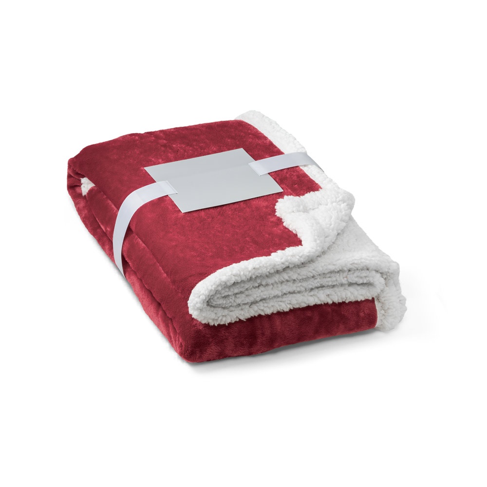 HEIDEN. Coperta reversibile in pile confezionata (190 g/m²) con nastro in raso e cartoncino personalizzabile
