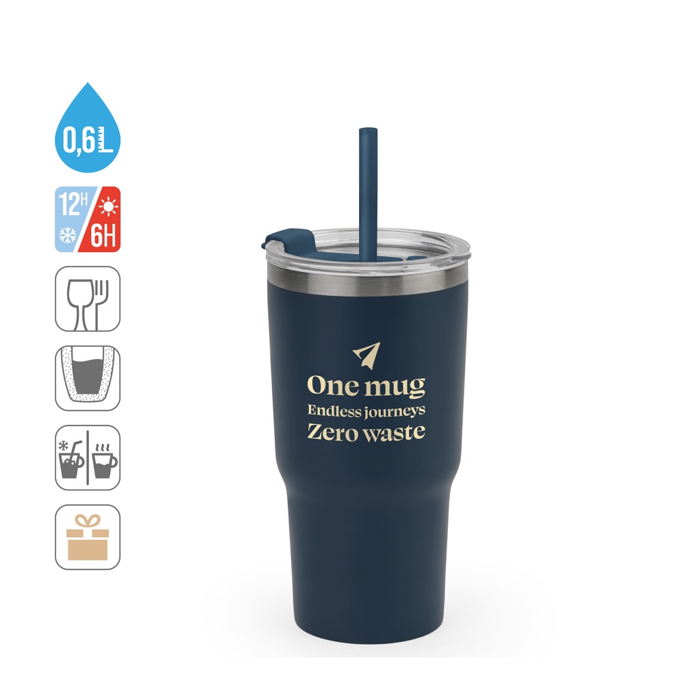 JOYNER M. Tazza da viaggio compatta in acciaio inossidabile (riciclata al 91%) con doppia parete isolata sottovuoto e finitura opaca da 600 ml