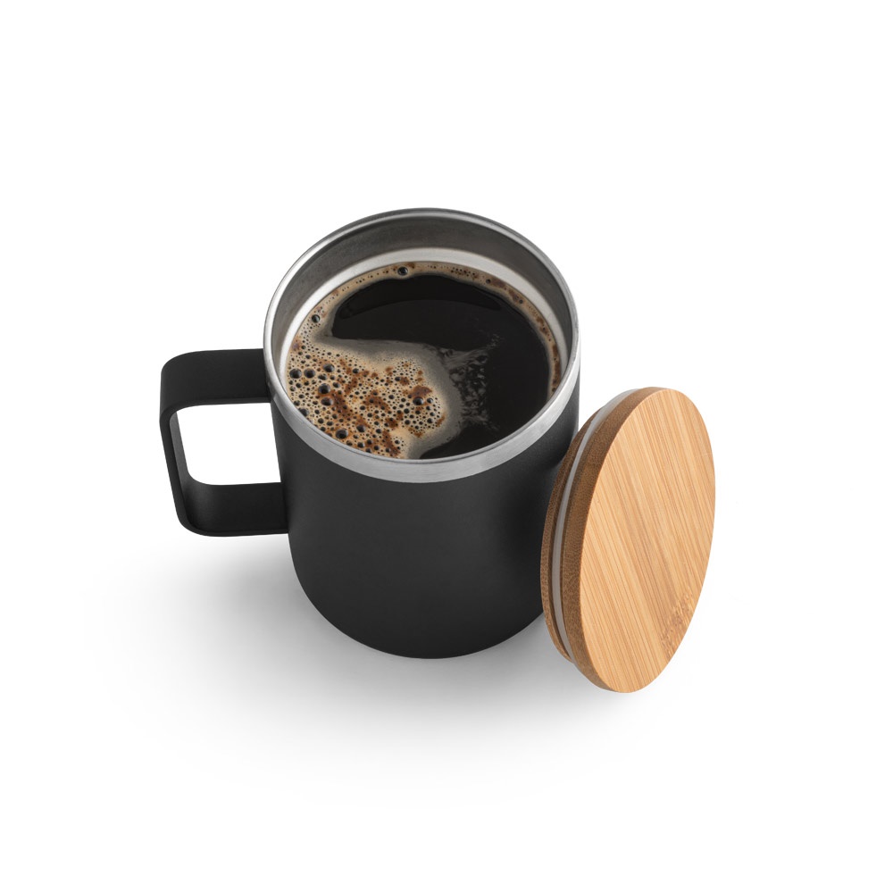 LAUDA. Tazza in acciaio inossidabile riciclato al 90% con coperchio in bambù 420 mL