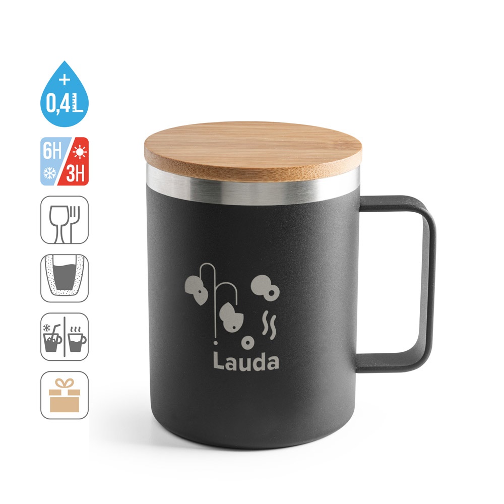 LAUDA. Tazza in acciaio inossidabile riciclato al 90% con coperchio in bambù 420 mL