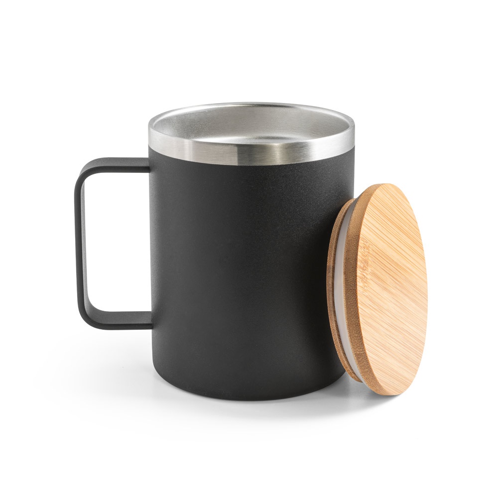 LAUDA. Tazza in acciaio inossidabile riciclato al 90% con coperchio in bambù 420 mL
