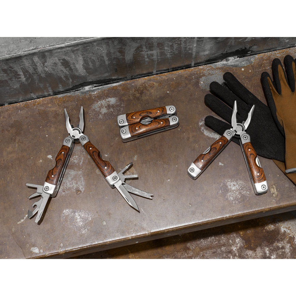 MAGNUM. Pinzia pieghevole con strumenti multifunzione in acciaio inox e legno