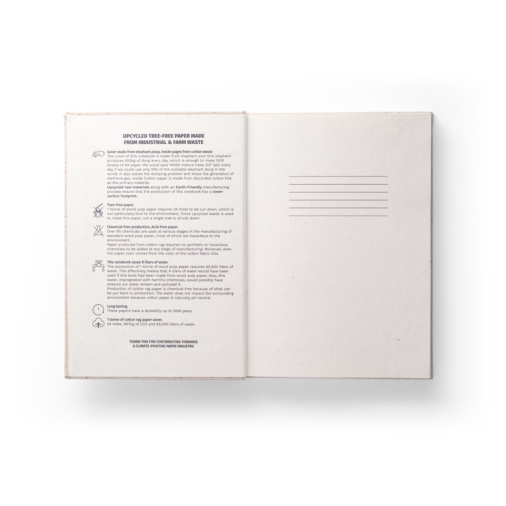 ORGANIC RIGID. Block notes A5 con copertina rigida fabbricata tramite la materia organica degli elefanti (80%)