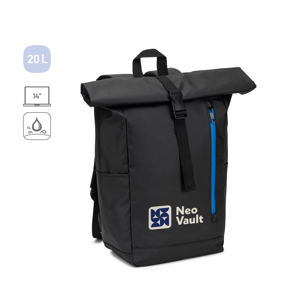 OSASCO BPACK. Zaino con parte superiore arrotolabile e sistema di cerniera che consente di arrotolare la parte superiore per adattarla al volume dello zaino, realizzato in poliestere riciclato 600D