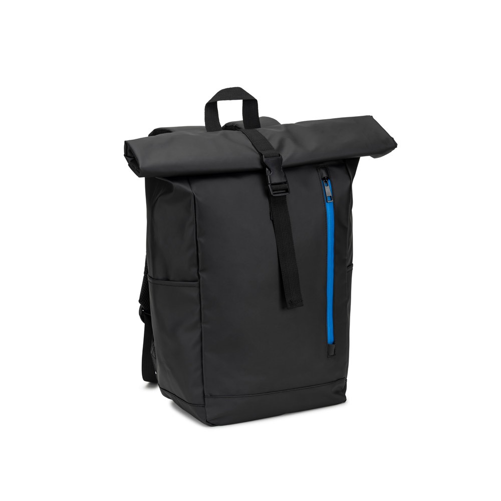 OSASCO BPACK. Zaino con parte superiore arrotolabile e sistema di cerniera che consente di arrotolare la parte superiore per adattarla al volume dello zaino, realizzato in poliestere riciclato 600D