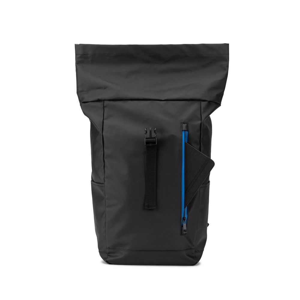 OSASCO BPACK. Zaino con parte superiore arrotolabile e sistema di cerniera che consente di arrotolare la parte superiore per adattarla al volume dello zaino, realizzato in poliestere riciclato 600D