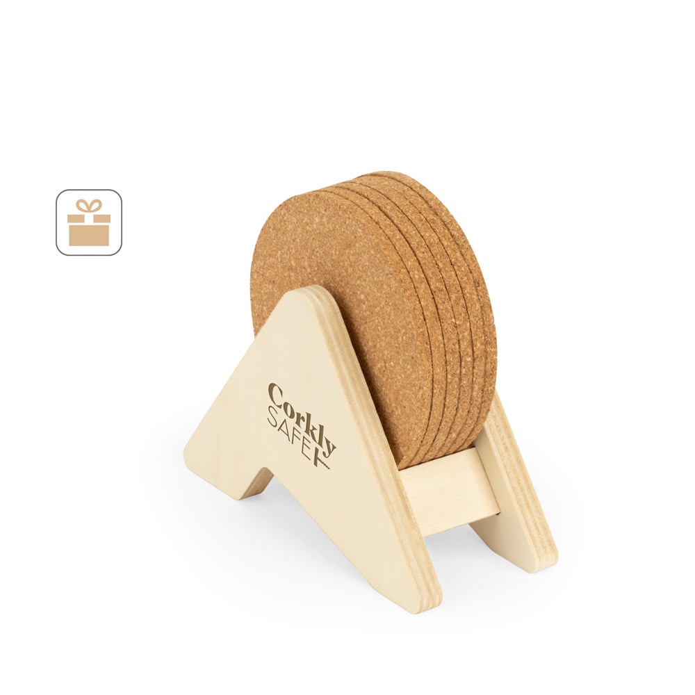 PLYCORK. Supporto in compensato con 6 sottobicchieri in sughero