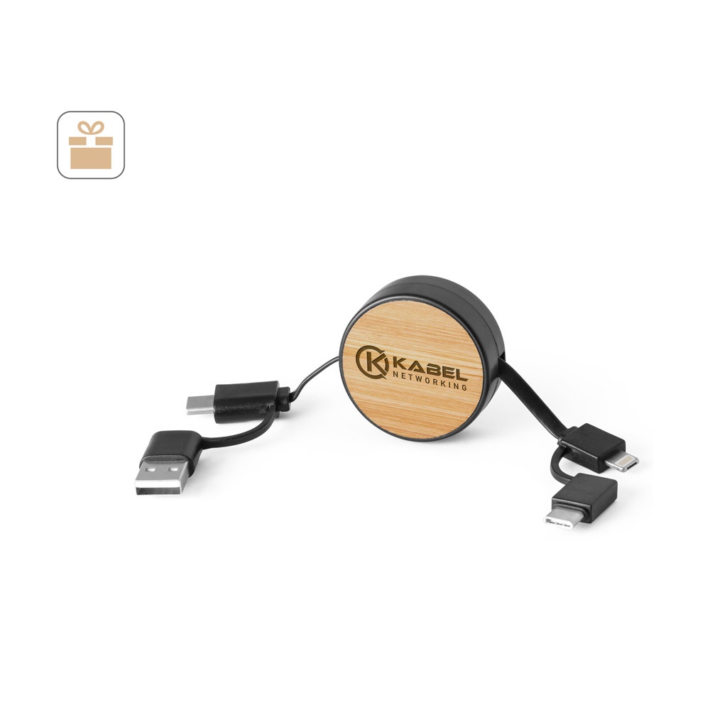 RUBINS. Cavo USB retrattile 6 in 1 in ABS riciclato (100% rABS) e bambù
