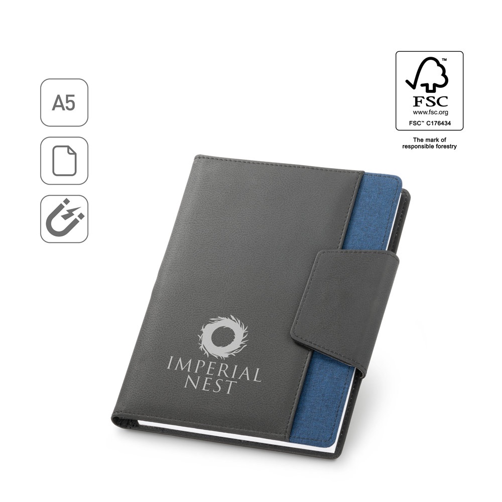 RUSSEL. Copertina in PU e tessuto in poliestere con block notes A5 con pagine semplici