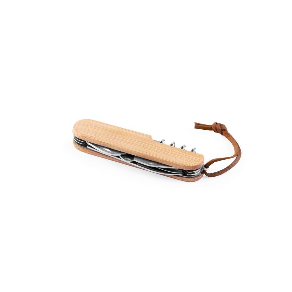RYKER. Coltello tascabile multifunzionale in bambù e acciaio inossidabile con manico in PU