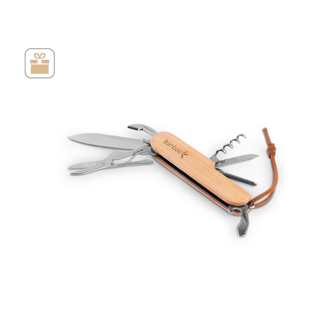 RYKER. Coltello tascabile multifunzionale in bambù e acciaio inossidabile con manico in PU