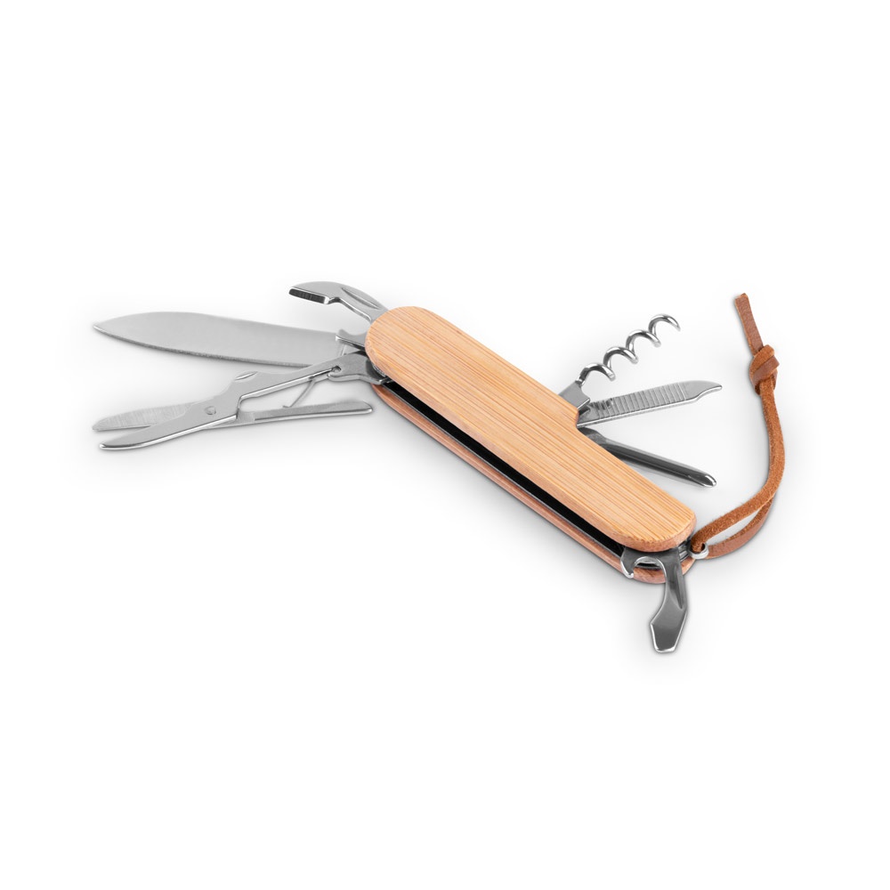 RYKER. Coltello tascabile multifunzionale in bambù e acciaio inossidabile con manico in PU