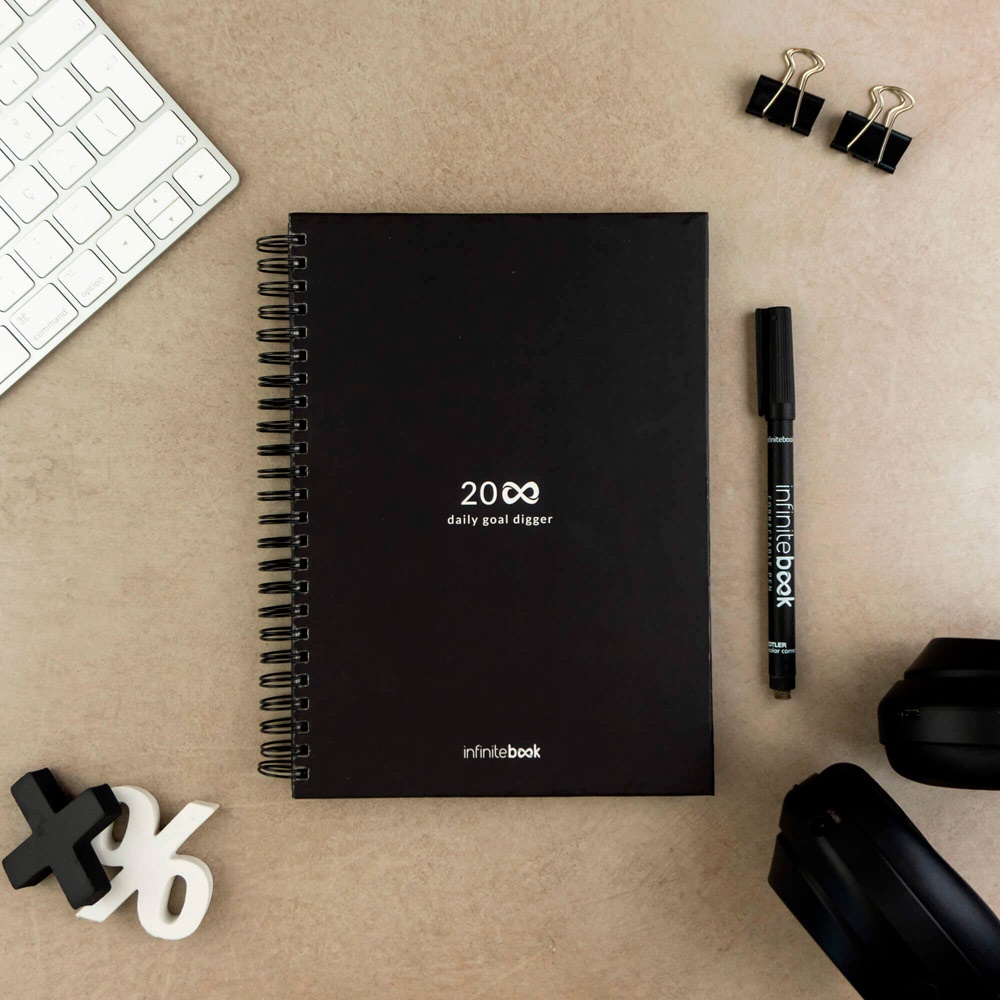 STARTER KIT INFINITE PLANNER A5. Il set include un "Infinity Diary", un kit di pulizia, un pennarello e un porta pennarello