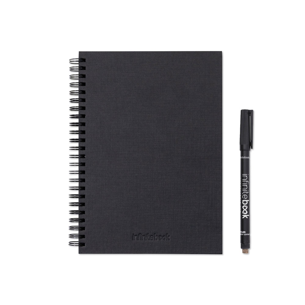 STARTER KIT INFINITEBOOK A5 PLANNER TEXTURE. Set composto da un "Infinitebook" con copertina rigida, 1 kit di pulizia, 1 pennarello e 1 porta pennarello