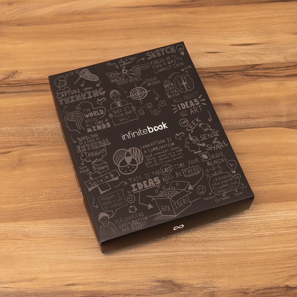 STARTER KIT INFINITEBOOK A5 PLANNER TEXTURE. Set composto da un "Infinitebook" con copertina rigida, 1 kit di pulizia, 1 pennarello e 1 porta pennarello