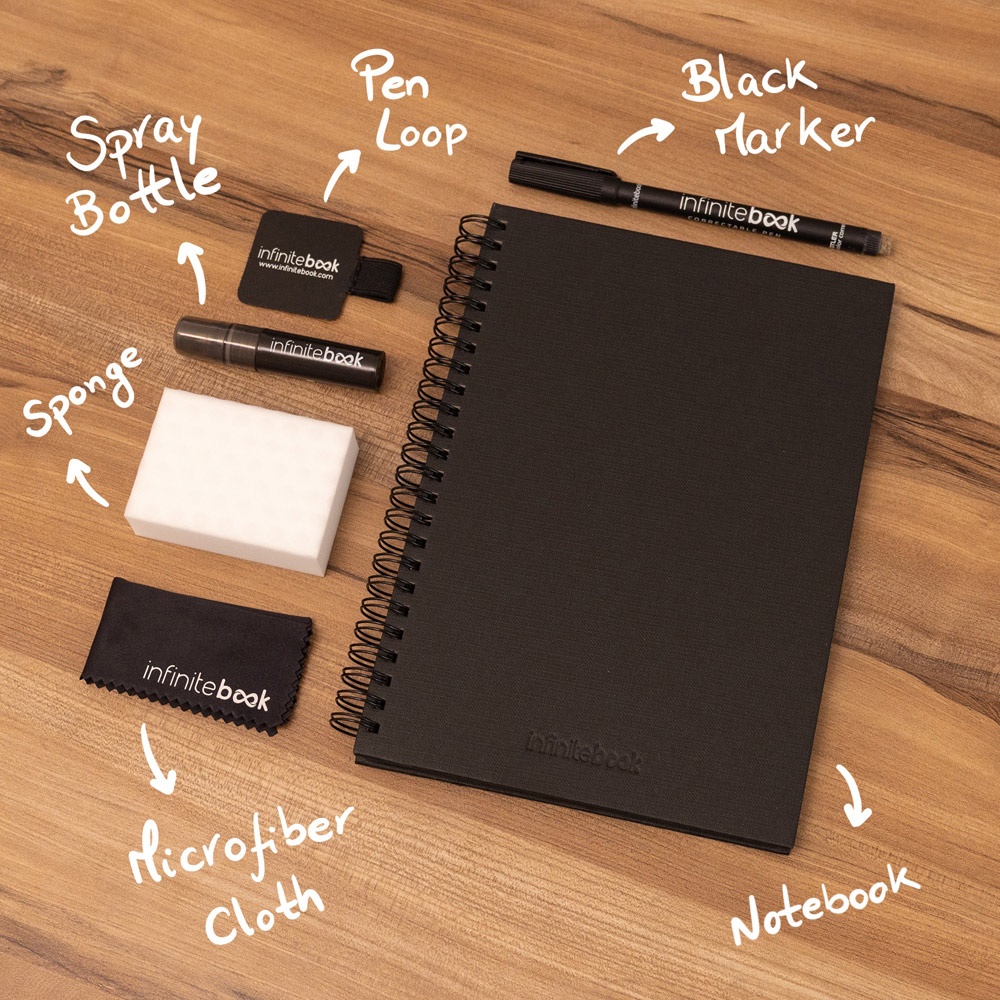 STARTER KIT INFINITEBOOK A5 PLANNER TEXTURE. Set composto da un "Infinitebook" con copertina rigida, 1 kit di pulizia, 1 pennarello e 1 porta pennarello