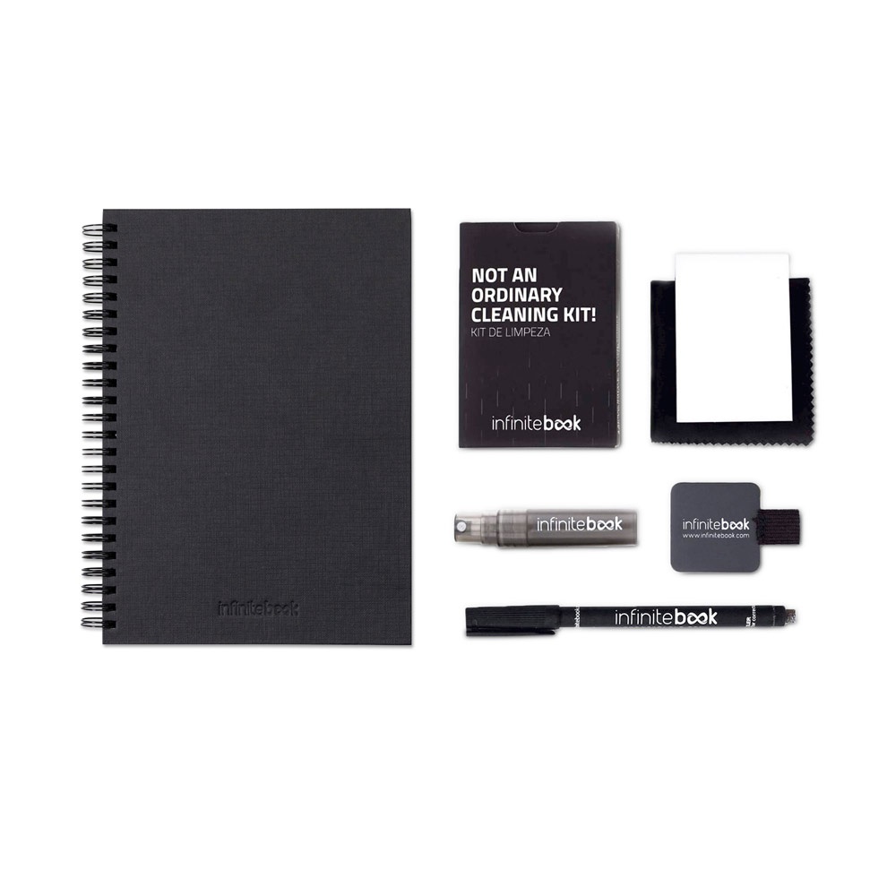 STARTER KIT INFINITEBOOK A5 PLANNER TEXTURE. Set composto da un "Infinitebook" con copertina rigida, 1 kit di pulizia, 1 pennarello e 1 porta pennarello