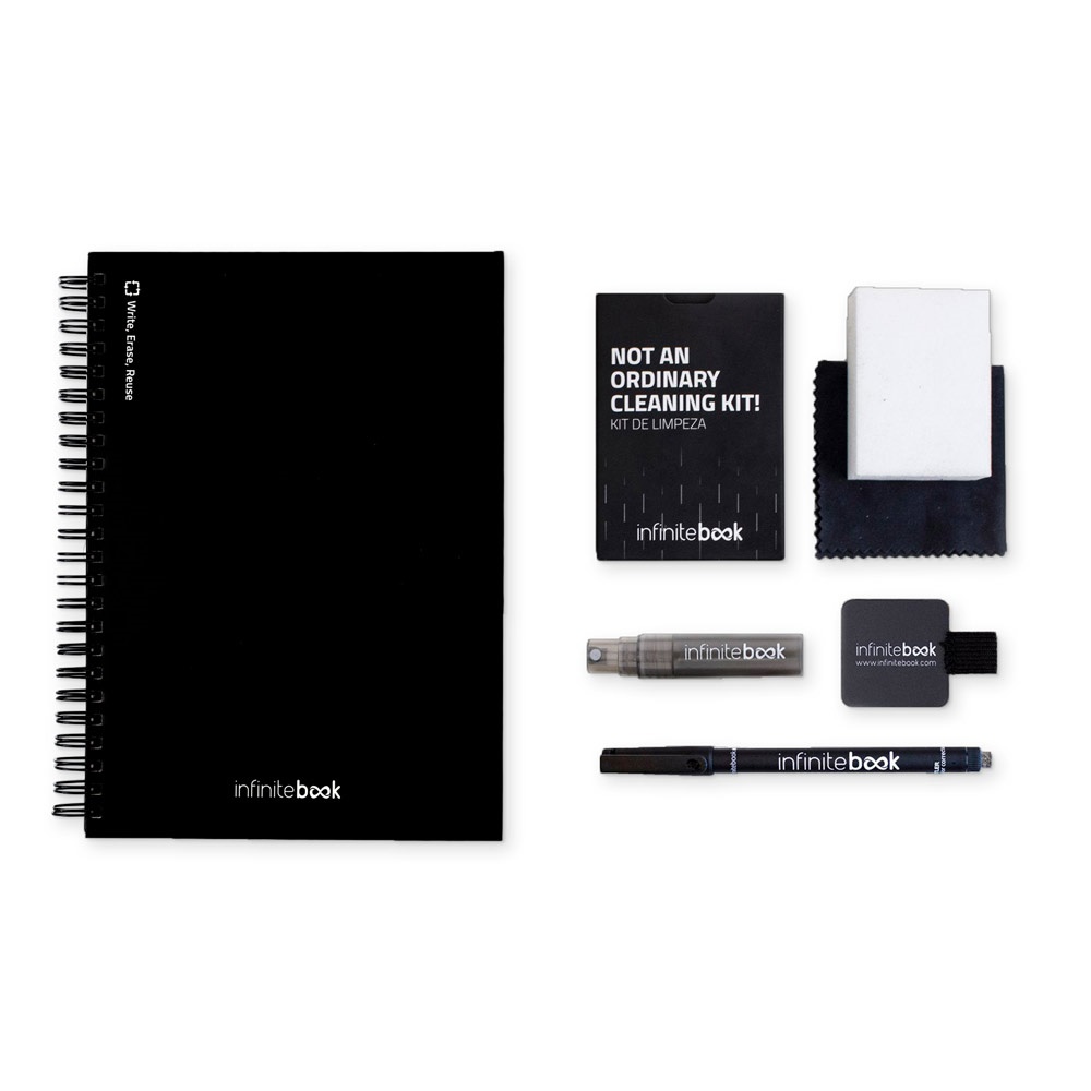 STARTER KIT INFINITEBOOK A5. Il set include un "Infinitebook", un kit di pulizia, un pennarello e un portapennarelli