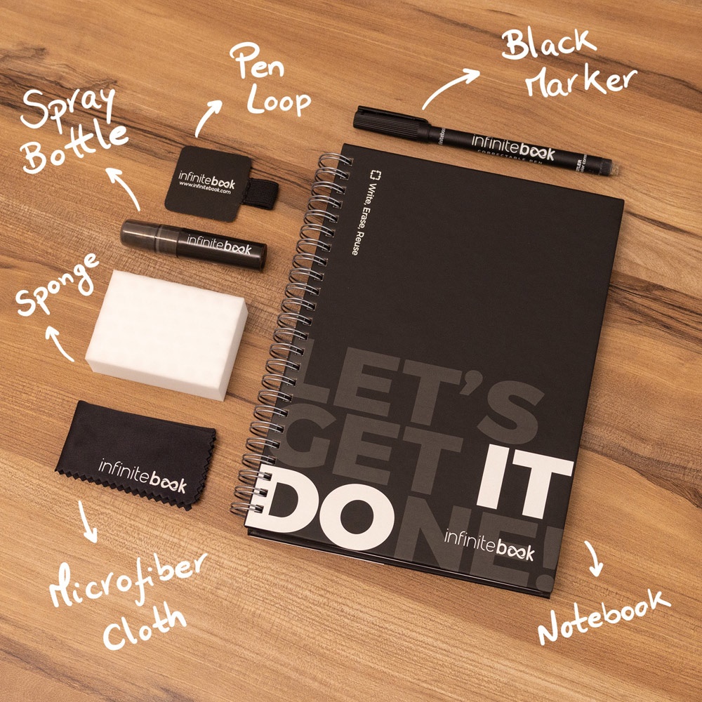 STARTER KIT INFINITEBOOK. Set composto da un "Infinitebook" con copertina rigida, 1 kit di pulizia, 1 pennarello e 1 porta pennarello