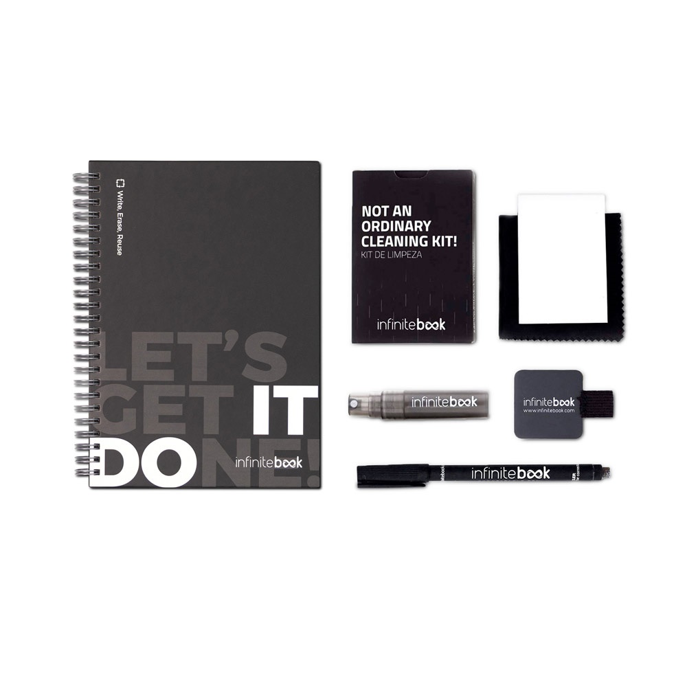 STARTER KIT INFINITEBOOK. Set composto da un "Infinitebook" con copertina rigida, 1 kit di pulizia, 1 pennarello e 1 porta pennarello
