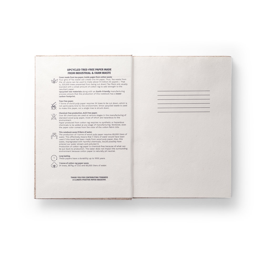 TEAPAD RIGID. Block notes A5 con copertina rigida fabbricata tramite gli scarti delle foglie di tè (65%)